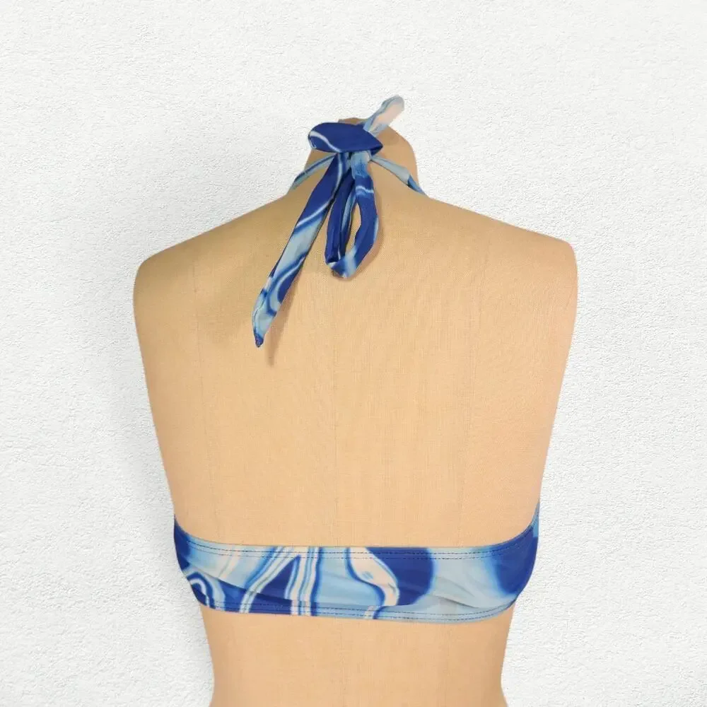 Y2K Marble Swirl Print Halter Festival Bikini Crop Top Blue with Silver O-Ring